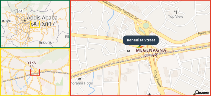 Map showing the address of Kenenisa Street in three different zoom levels.