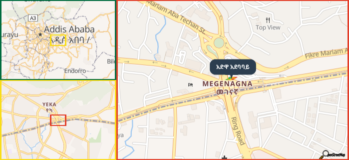Map showing the address of አድዋ አደባባይ in three different zoom levels.