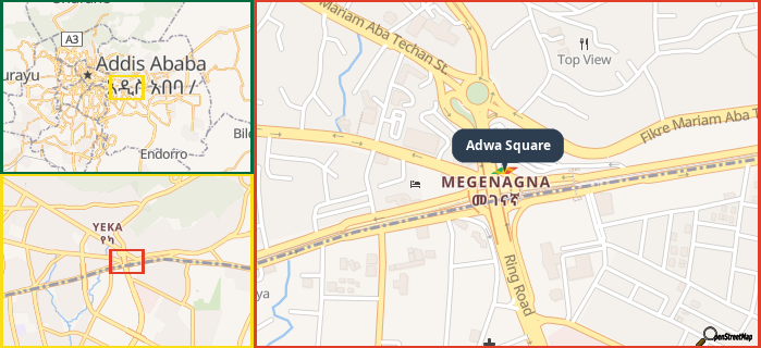 Map showing the address of Adwa Square in three different zoom levels.