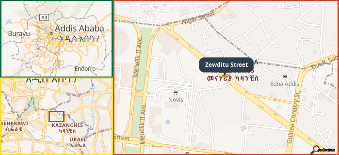 Map showing the address of Zewditu Street in three different zoom levels.