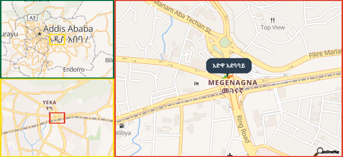 Map showing the address of አድዋ አደባባይ in three different zoom levels.