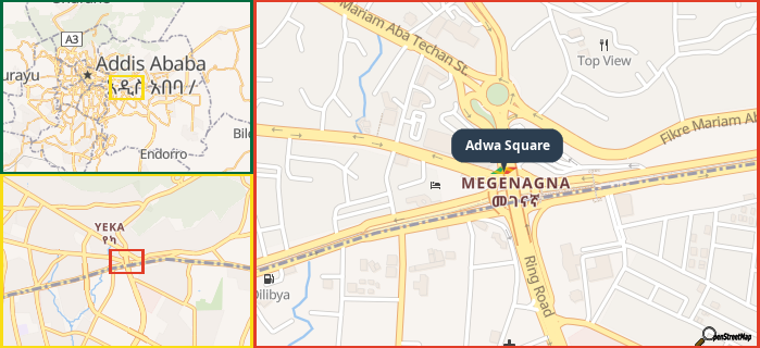 Map showing the address of Adwa Square in three different zoom levels.