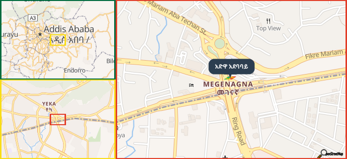 Map showing the address of አድዋ አደባባይ in three different zoom levels.