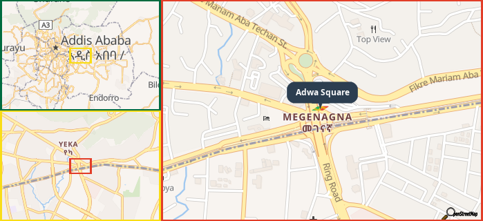 Map showing the address of Adwa Square in three different zoom levels.