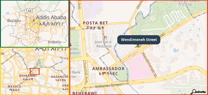 Map showing the address of Wendimeneh Street in three different zoom levels.