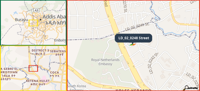 Map showing the address of LD_02_0248 Street in three different zoom levels.