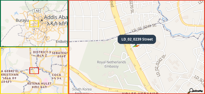 Map showing the address of LD_02_0239 Street in three different zoom levels.