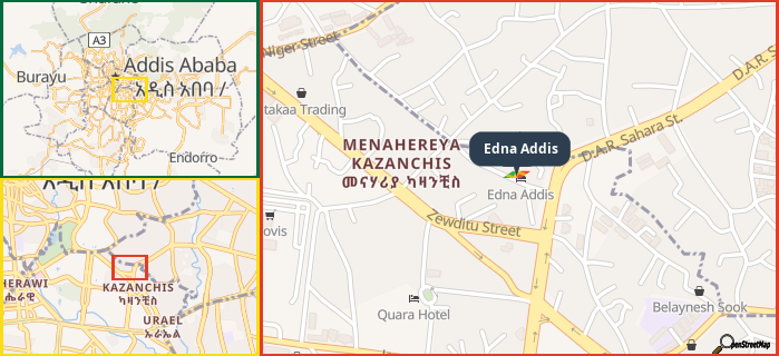 Map showing the address of Edna Addis in three different zoom levels.