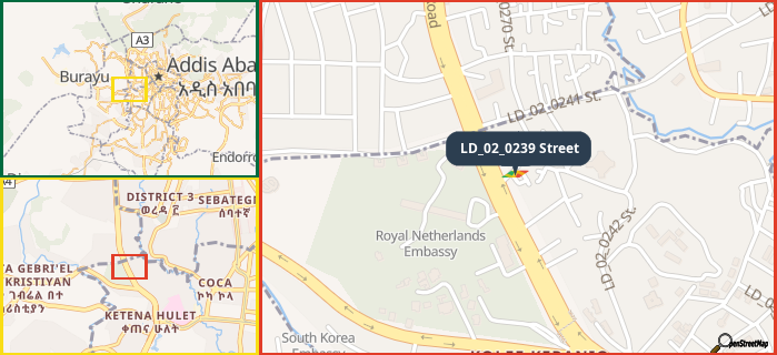 Map showing the address of LD_02_0239 Street in three different zoom levels.