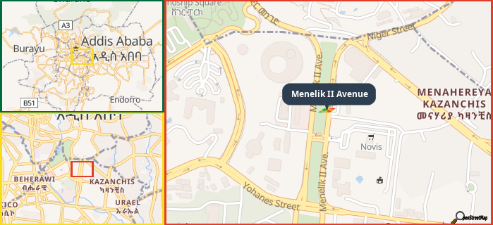 Map showing the address of Menelik II Avenue in three different zoom levels.