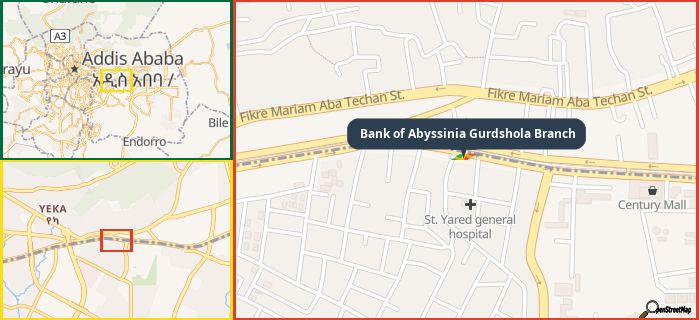 Map showing the address of Bank of Abyssinia Gurdshola Branch in three different zoom levels.