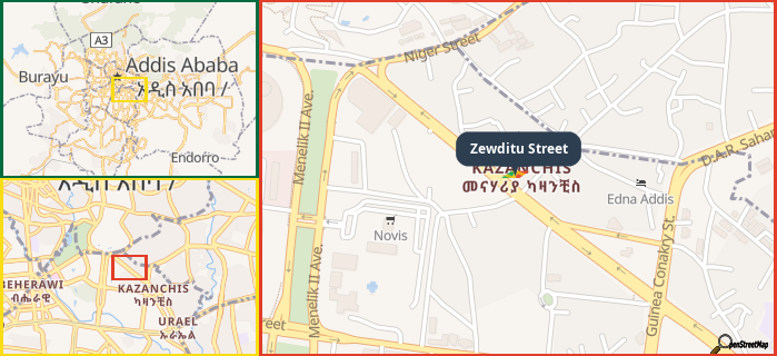 Map showing the address of Zewditu Street in three different zoom levels.