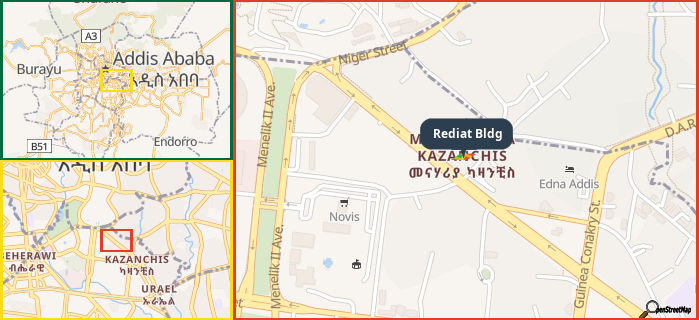 Map showing the address of Rediat Bldg in three different zoom levels.