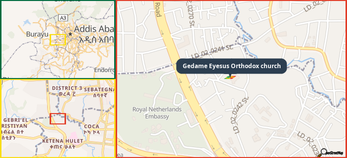 Map showing the address of Gedame Eyesus Orthodox church in three different zoom levels.