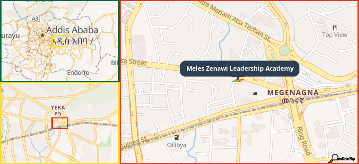 Map showing the address of Meles Zenawi Leadership Academy in three different zoom levels.