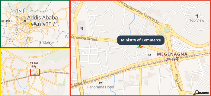 Map showing the address of Ministry of Commerce in three different zoom levels.