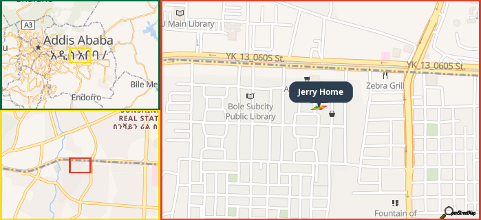 Map showing the address of Jerry Home in three different zoom levels.