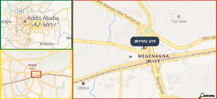 Map showing the address of መተባበር ህንፃ in three different zoom levels.