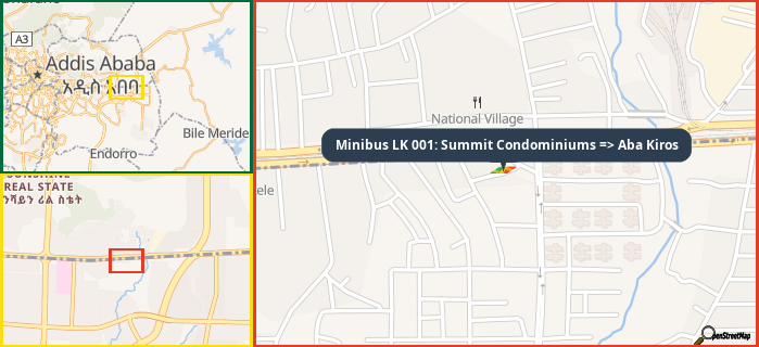 Map showing the address of Minibus LK 001: Summit Condominiums => Aba Kiros in three different zoom levels.