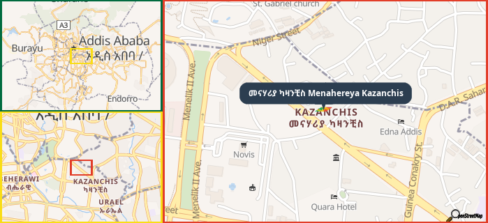 Map showing the address of መናሃሪያ ካዛንቺስ Menahereya Kazanchis in three different zoom levels.