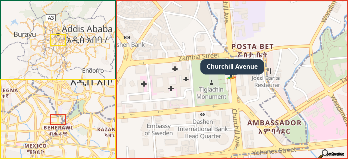 Map showing the address of Churchill Avenue in three different zoom levels.