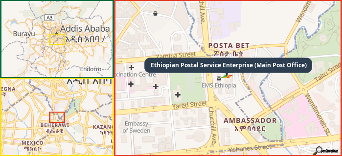 Map showing the address of Ethiopian Postal Service Enterprise (Main Post Office) in three different zoom levels.