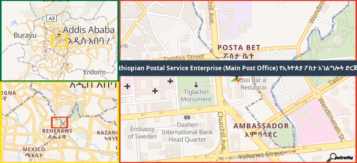 Map showing the address of Ethiopian Postal Service Enterprise (Main Post Office) የኢትዮጵያ ፖስታ አገልግሎት ድርጅት in three different zoom levels.