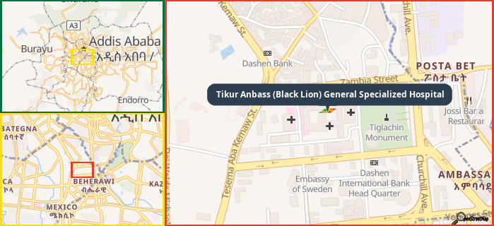 Map showing the address of Tikur Anbass (Black Lion) General Specialized Hospital in three different zoom levels.