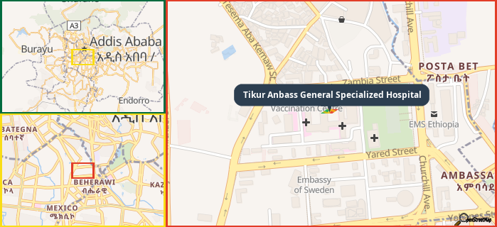 Map showing the address of Tikur Anbass General Specialized Hospital in three different zoom levels.
