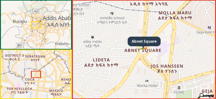 Map showing the address of Abnet Square in three different zoom levels.