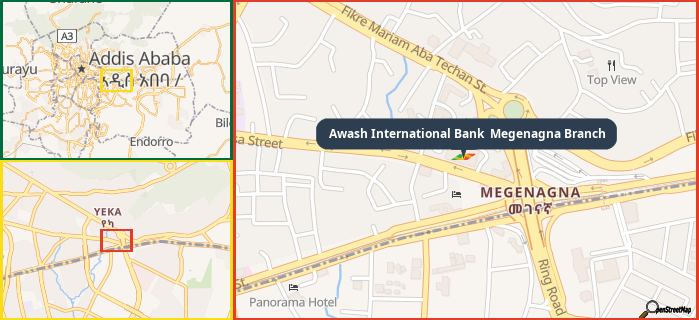 Map showing the address of Awash International Bank  Megenagna Branch in three different zoom levels.