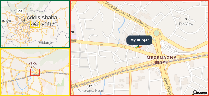 Map showing the address of My Burger in three different zoom levels.