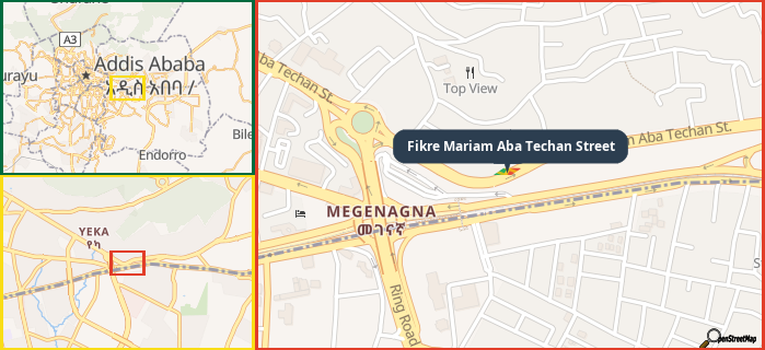 Map showing the address of Fikre Mariam Aba Techan Street in three different zoom levels.