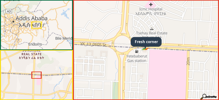 Map showing the address of Fresh corner in three different zoom levels.