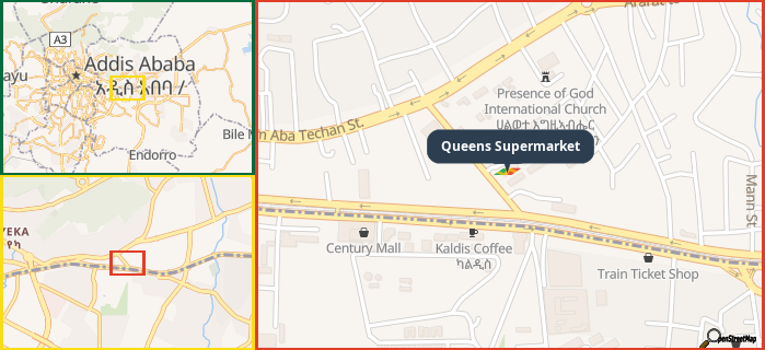 Map showing the address of Queens Supermarket in three different zoom levels.