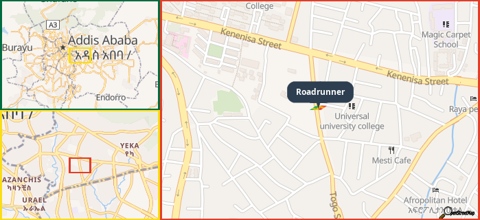 Map showing the address of Roadrunner in three different zoom levels.