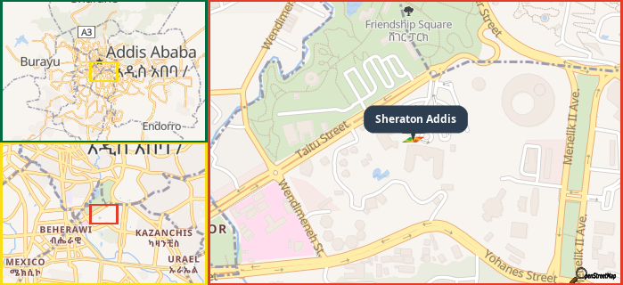 Map showing the address of Sheraton Addis in three different zoom levels.