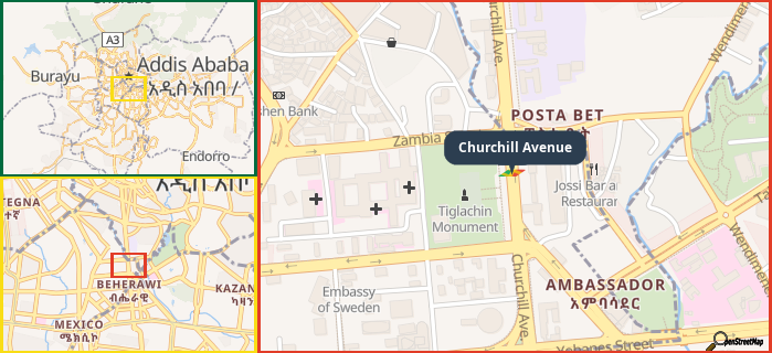 Map showing the address of Churchill Avenue in three different zoom levels.