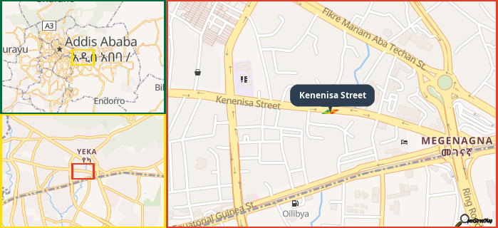 Map showing the address of Kenenisa Street in three different zoom levels.