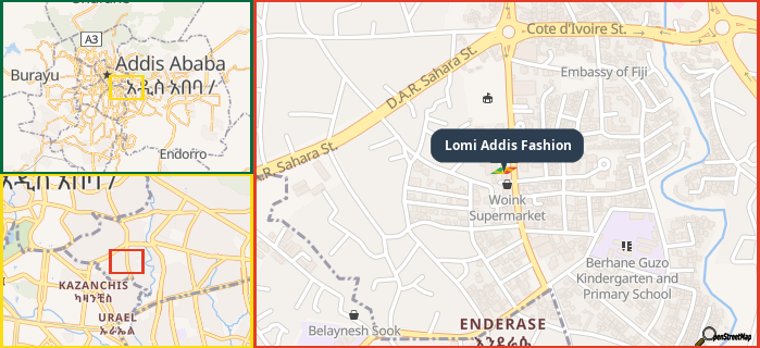 Map showing the address of Lomi Addis Fashion in three different zoom levels.