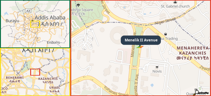 Map showing the address of Menelik II Avenue in three different zoom levels.