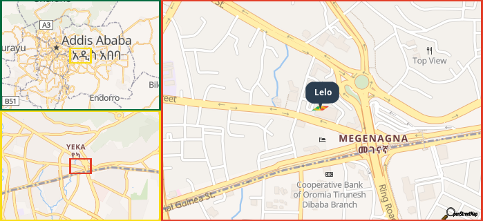 Map showing the address of Lelo in three different zoom levels.