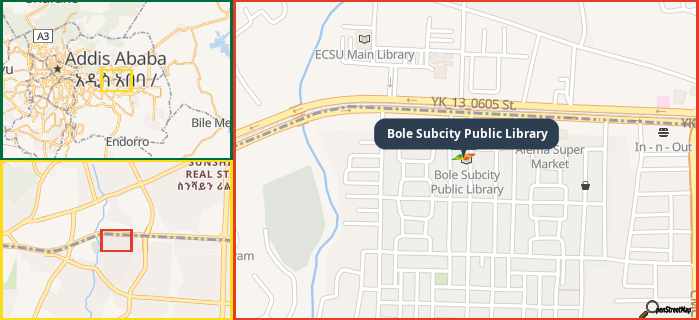 Map showing the address of Bole Subcity Public Library in three different zoom levels.