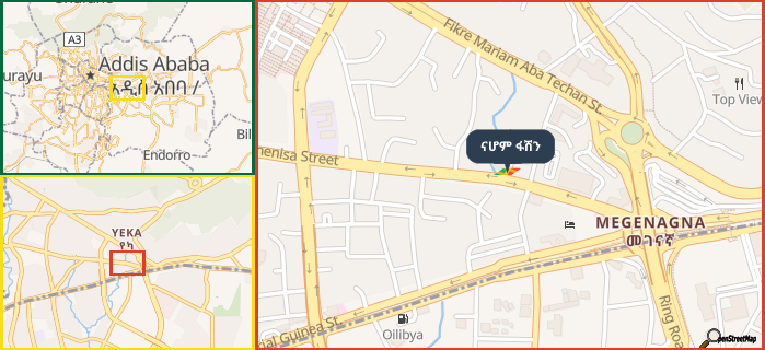 Map showing the address of ናሆም ፋሽን in three different zoom levels.