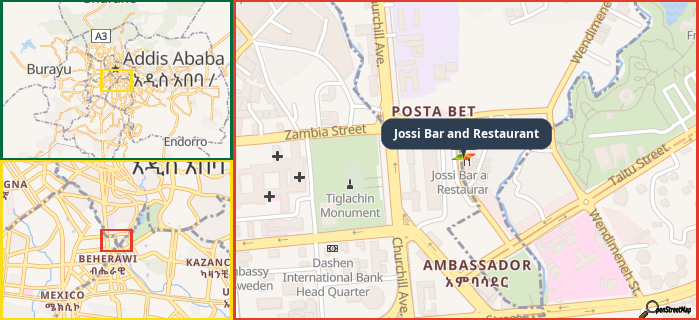 Map showing the address of Jossi Bar and Restaurant in three different zoom levels.