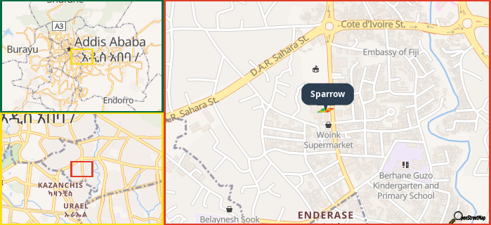 Map showing the address of Sparrow in three different zoom levels.