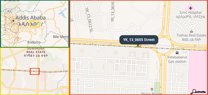 Map showing the address of YK_13_0605 Street in three different zoom levels.