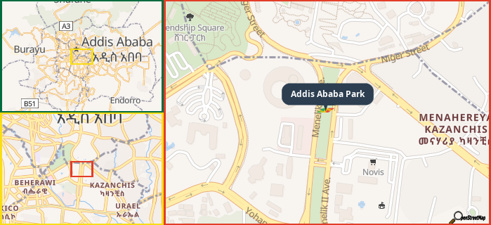 Map showing the address of Addis Ababa Park in three different zoom levels.