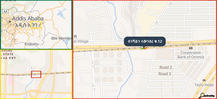 Map showing the address of ሰንሻይን ላውንደሪ ቁ.12 in three different zoom levels.