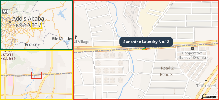Map showing the address of Sunshine Laundry No.12 in three different zoom levels.